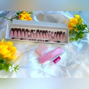 Elegant Brown French Tip Press-On Nails with Bows and Pearl Accents